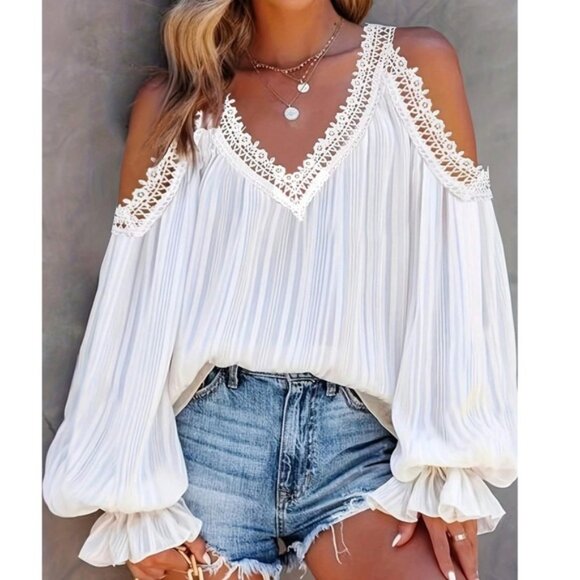 Boho White Lace Cold Shoulder Striped Loose Fit Blouse - Picture 1 of 5